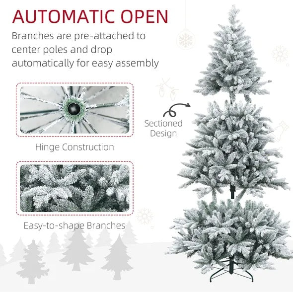 7 Ft Snow Flocked Artificial Christmas Tree With 1401 Tips, Foldable Metal Stand, Easy Assembly, Hinged Xmas Tree For Home, Office, Holiday, Green