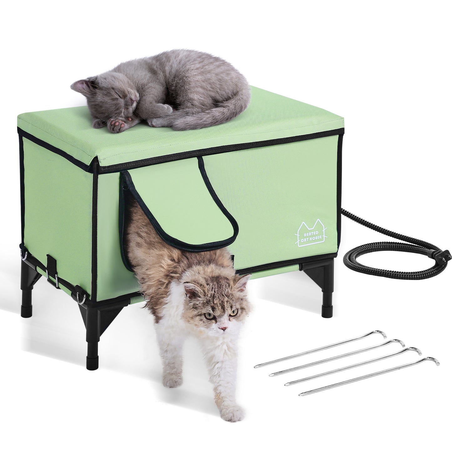Elevated Heated Cat House Cuboid Kitty Shelter With Heated Pad Green M