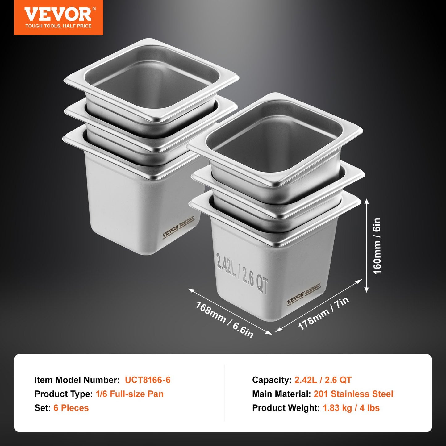 6 Pack Hotel Pans, Size Anti-Jam Steam Pan, 0.8mm Thick Stainless Steel Restaurant Steam Table Pan, 6-Inch Deep Commercial Table Pan, Catering Storage Food Pan, For Industrial & Scientific