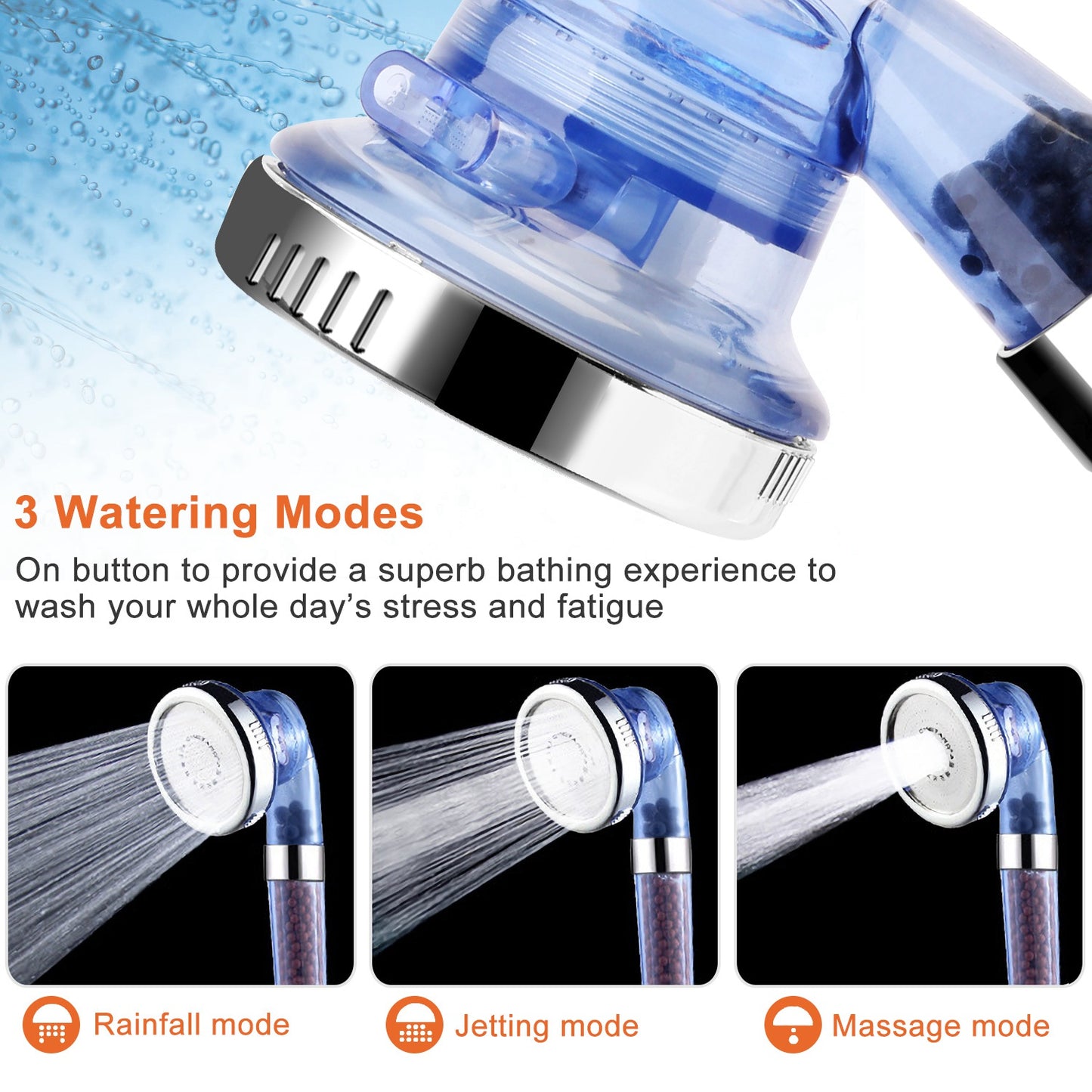 1Pc Ionic Filtration Shower Head High Pressure 3 Mode Stone Water Saving Bath Handheld Shower