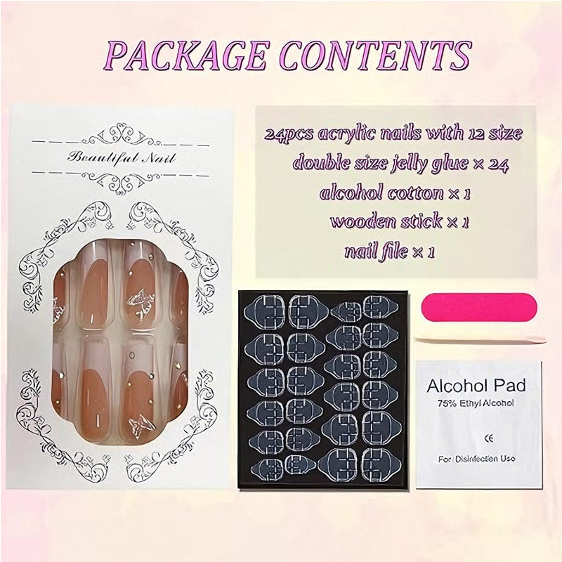 24 PCS Diamond Butterfly Nail Art, Long Length Long Water Pipe Fake Nails,Square Head Nail Tips False Nail