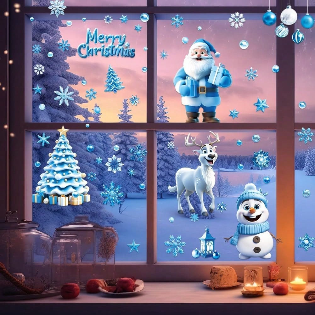 9 Sheets Christmas Window Stickers Blue Gnome Double-Sided Printed Xmas Self-Adhesive Window Sticker PVC Snowflakes Window Sticker For Christmas Home Window Indoor Garden Decoration