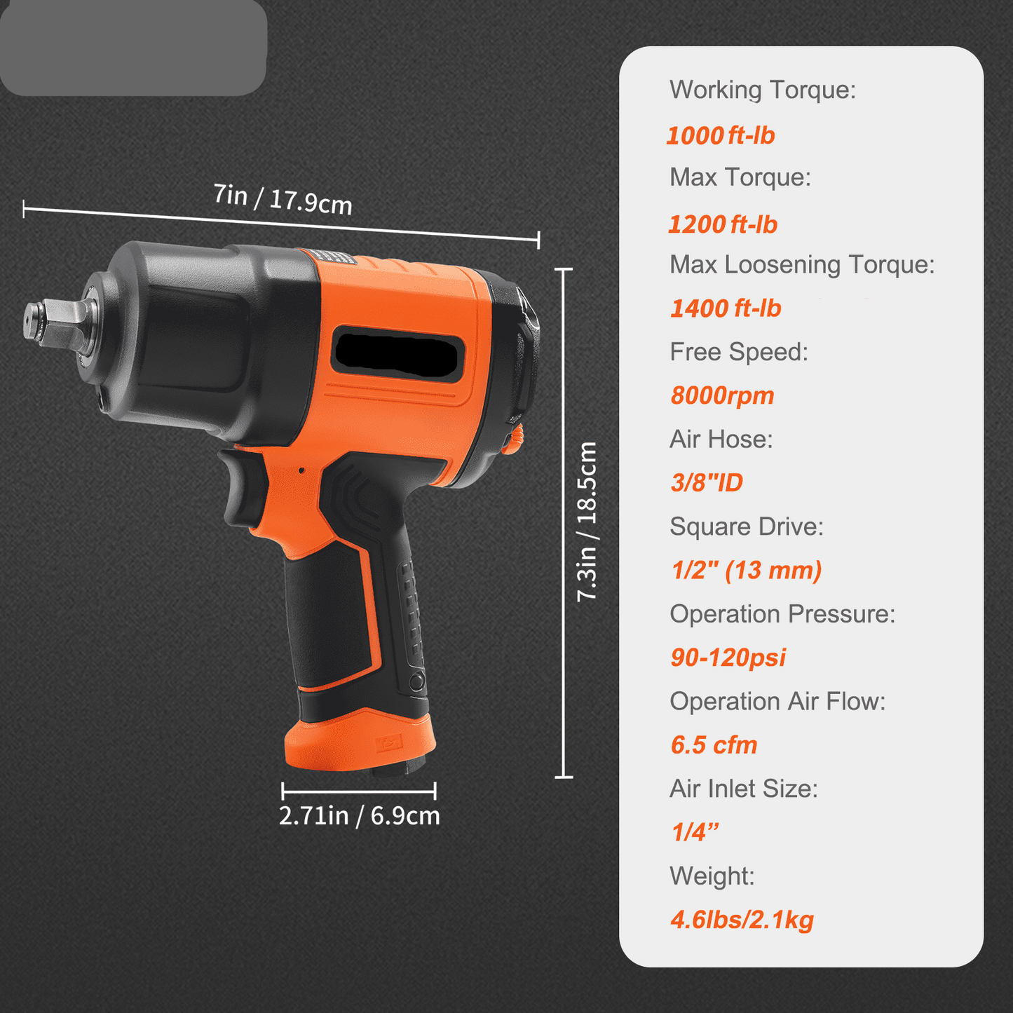 Air Impact Wrench  Square Drive 1400ft-lb Nut-busting Torque 90-120PSI