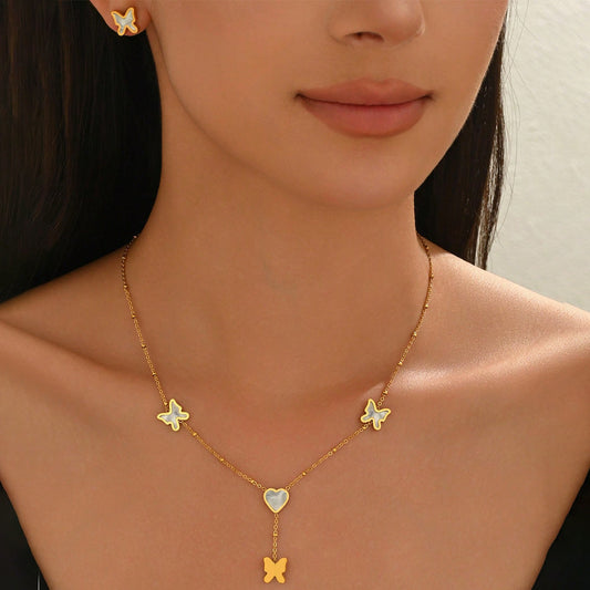 Lxalry 18K Gold Plated Stainless Steel Butterfly & Heart Jewelry Set For Women - Waterproof Hypoallergenic Necklace & Earrings, Elegant Gift For Girlfriend, Birthday, Wedding, Daily Wear