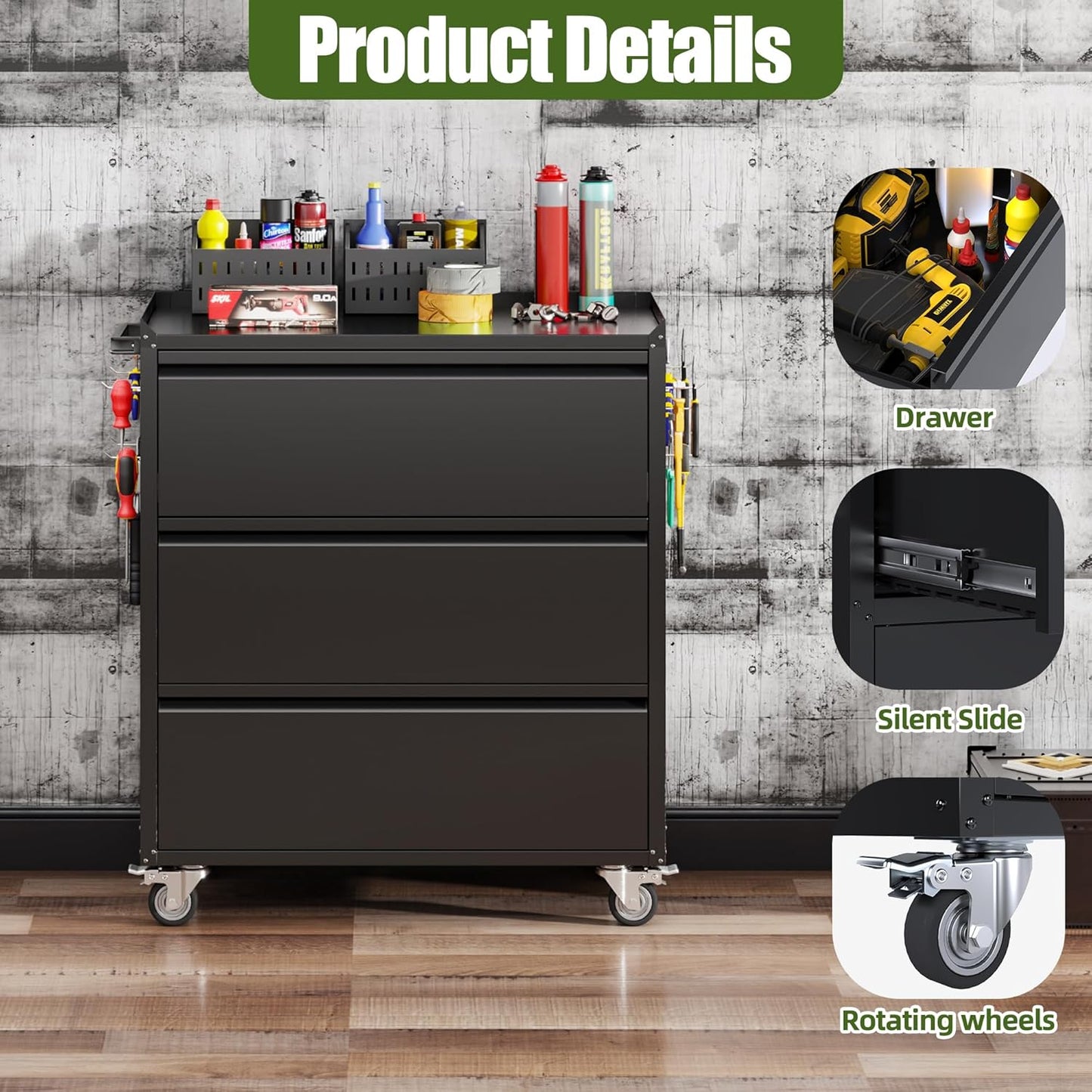 Metal Storage Cabinet With 3 Drawer And 4 Hooks,Top Workbench Mobile Tool Chests Garage Cabinets With 4 Wheels,Tool Cabinets For Home,Office,Shop