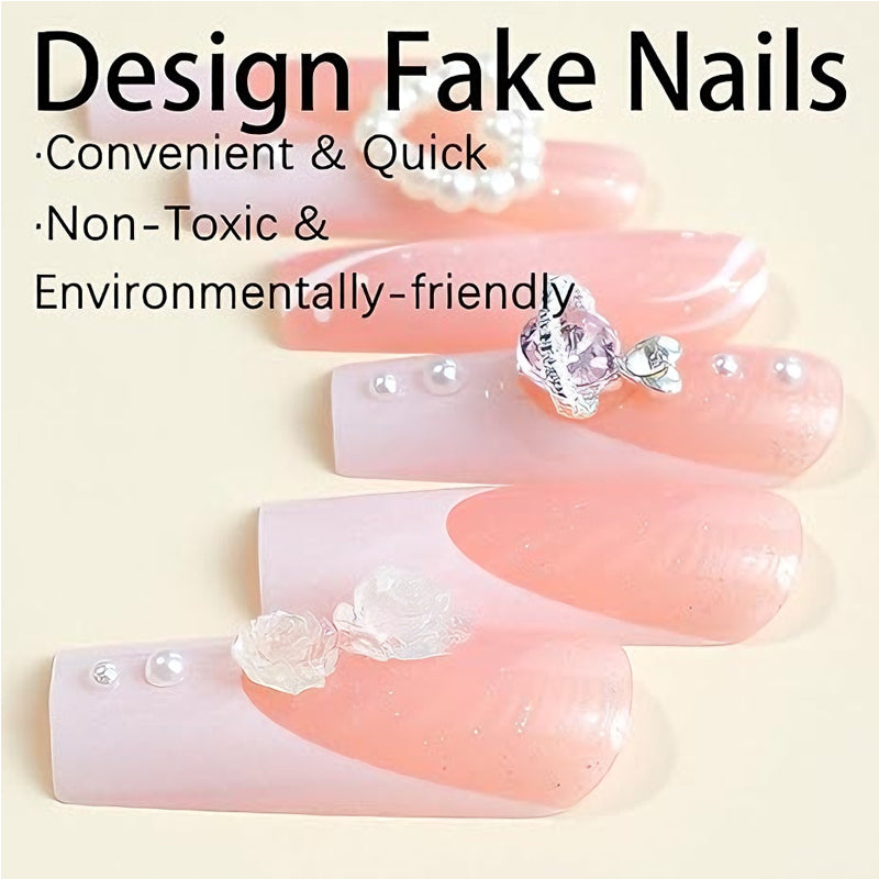 24 PCS Planet Pearl Flower Nail Art, Long Length Long Water Pipe Fake Nails,Square Head Nail Tips False Nail