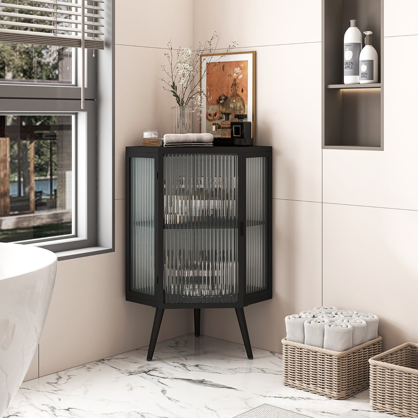 22.25 Floor Corner Cabinet With Glass Door   Shelves For Bathroom, Living Room