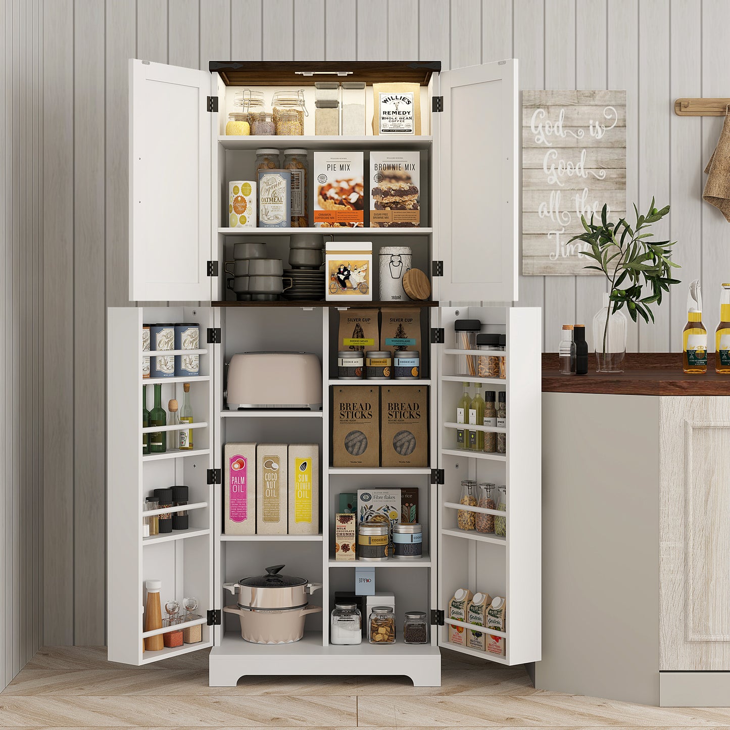 64" Tall Kitchen Pantry Cabinet with Motion Sensor Light