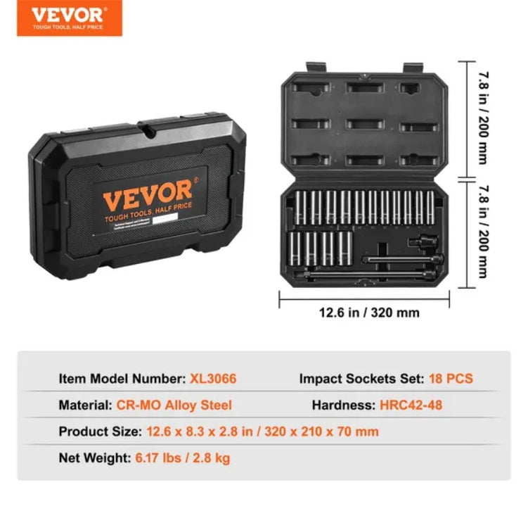 VEVOR Impact Sockets Set 18pcs 6-Point 3 8 Drive Bit Ratchet Tool Kit Case