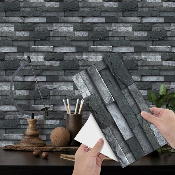 Black Gray Stone Tile Peel And Stick Wallpaper Home Decoration Waterproof Self-Adhesive Wallpaper For Bathroom Kitchen Living Room Splash-proof Removable No Glue Required Easy To Install