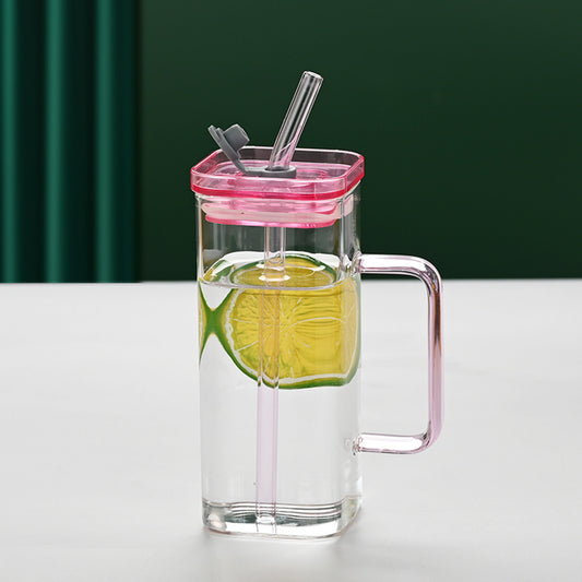 1 Pcs Pink Glass Straw Cup, 6 Colors Square Glass Cup With Straw And Lid, High Borosilicate Glass Cup, Milk Cup, Juice Cup, Cold Drink Cup, Coffee Cup, Tea Cup, Office Cup, Gift Cup