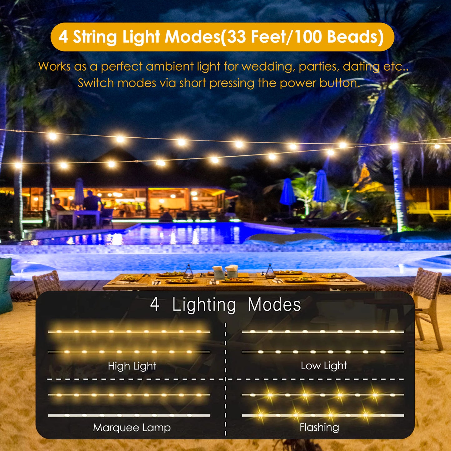 1Pc 4 In 1 Rechargeable Camping String Light IP44 Waterproof Camping Lantern With 33Ft String Light 7 Light Modes Emergency Power Bank Carry Bag For Indoor Outdoor Wedding Party