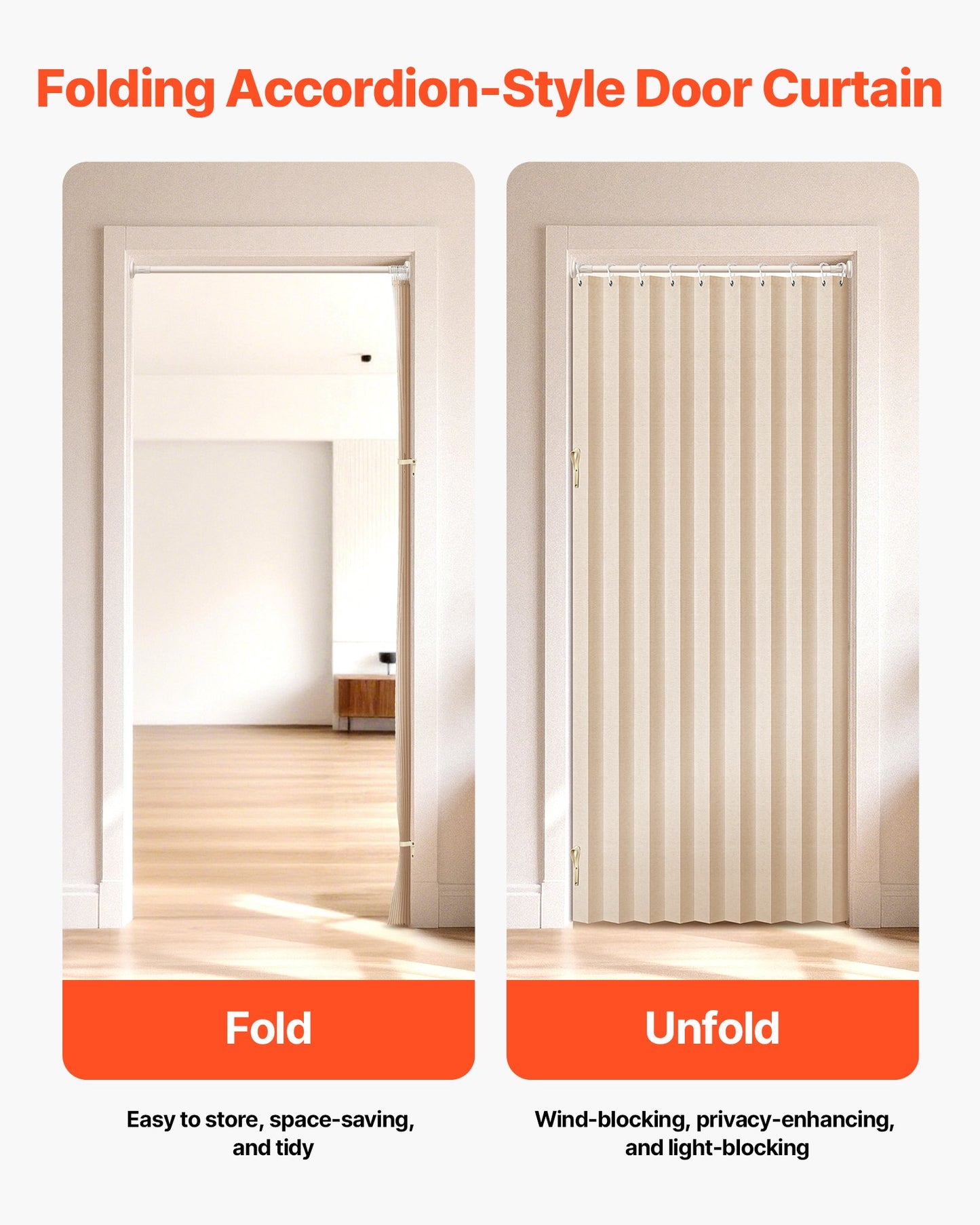 Accordion Door, 47 X 78 Inch, Blackout Fabric Folding Magnetic Door Curtain, With Hanging Hooks, Interior Room Divider For Doorways, Closets, Bedrooms, Bathrooms, Living Rooms, Beige, 1 Panel