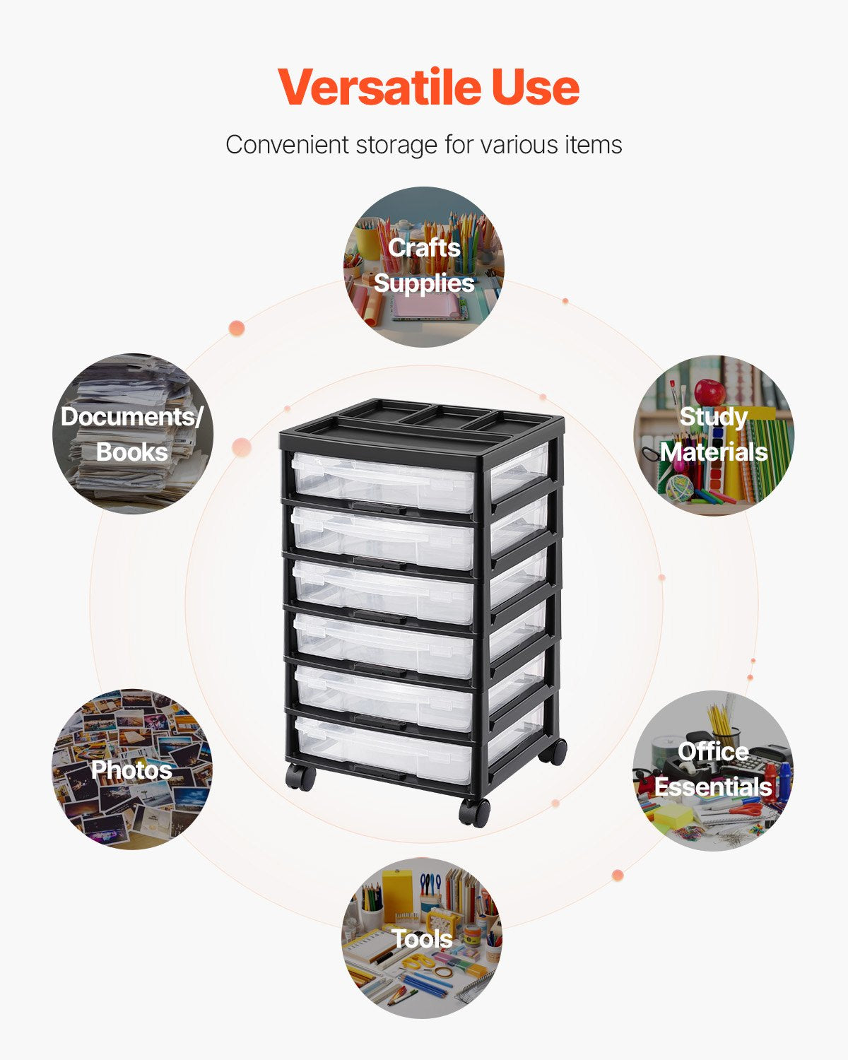 Scrapbook Rolling Storage Cart, 6-Tier Large Capacity With Organizer Top, Black Frame With 6 Clear Cases And 4 Removable Wheels, Storage Organizer Rolling Cart For Arts And Crafts Supplies