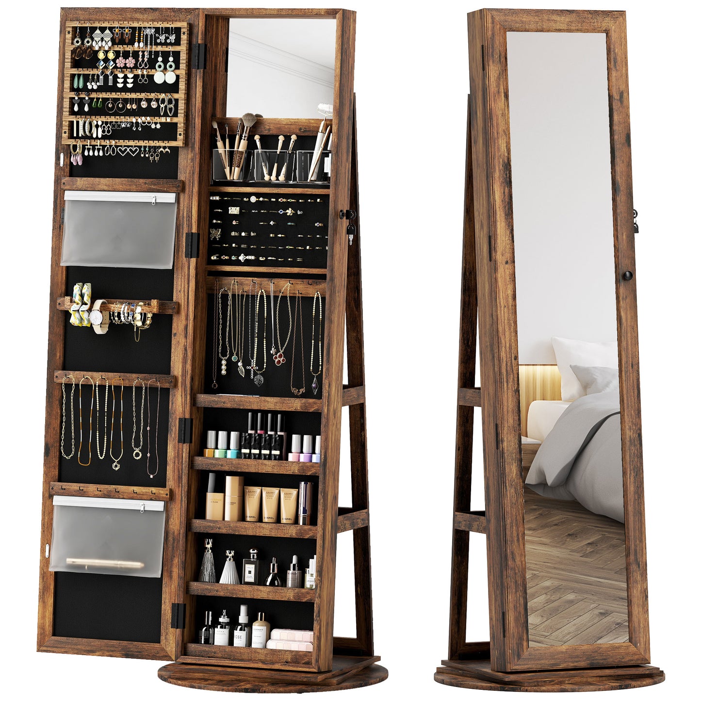 360 Swivel Jewelry Armoire, Lockable Jewelry Cabinet With Full-Length Mirror, Storage Shelves, Rustic Brown