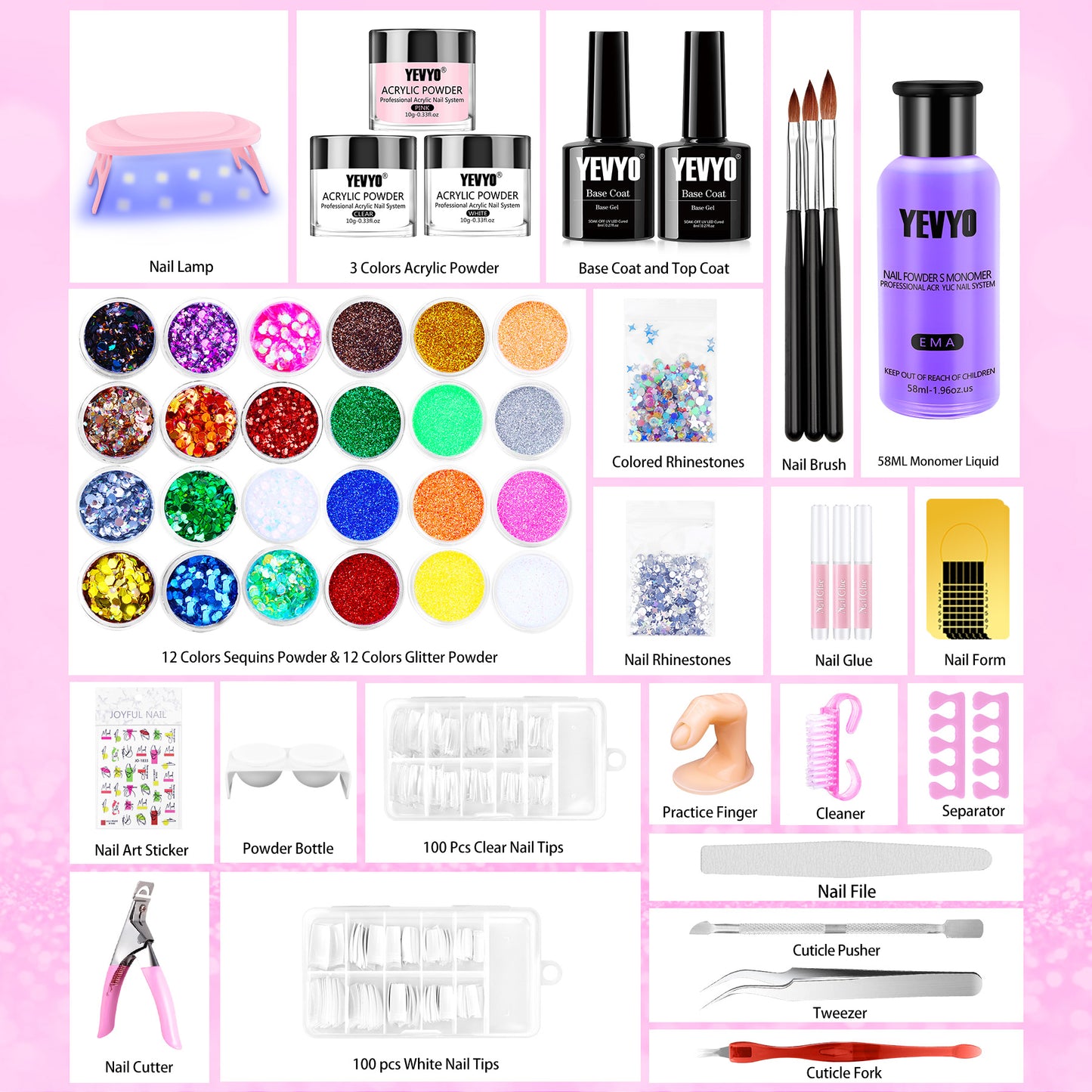 Professional Acrylic Nail Kit, With Pink Nail UV LED Lamps, Acrylic Powders,  Base Top Coat, Nail Tips, Rhinestones, Nail Decorations And Nail Art Tools