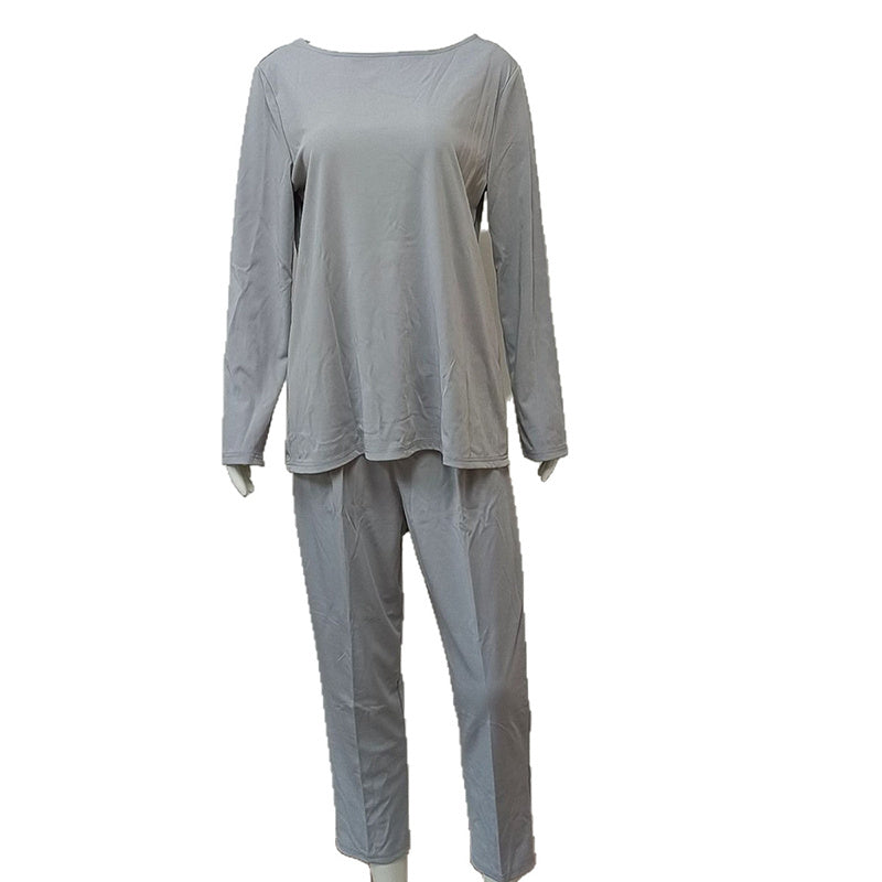 Women's Solid Color 2-Piece Set Round Neck Long Sleeve Top & Pleated Pants Loungewear For Spring & Fall