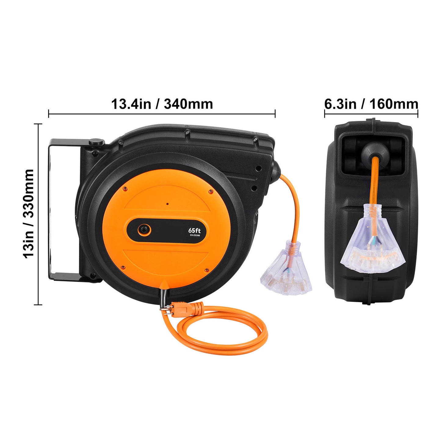 VEVOR Retractable Extension Cord Reel Power Cord Reel 65FT 12AWG 3C SJTOW