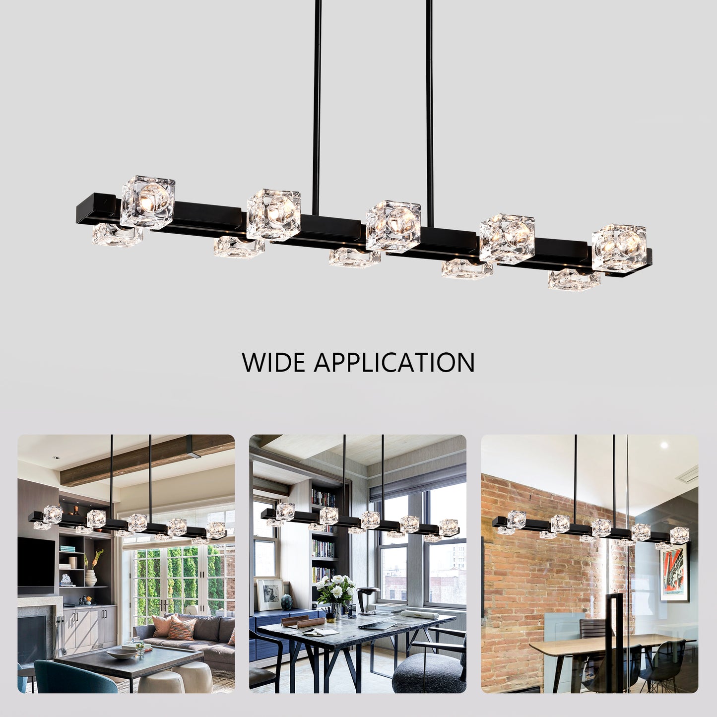Rectangle Chandelier For Dining Room, 10-Light Black Farmhouse Linear Pendant Light Fixture, Modern Crystal Hanging Lighting Chandelier For Lobby, Kitchen, Bedroom, Living Room, Conference Room, Home