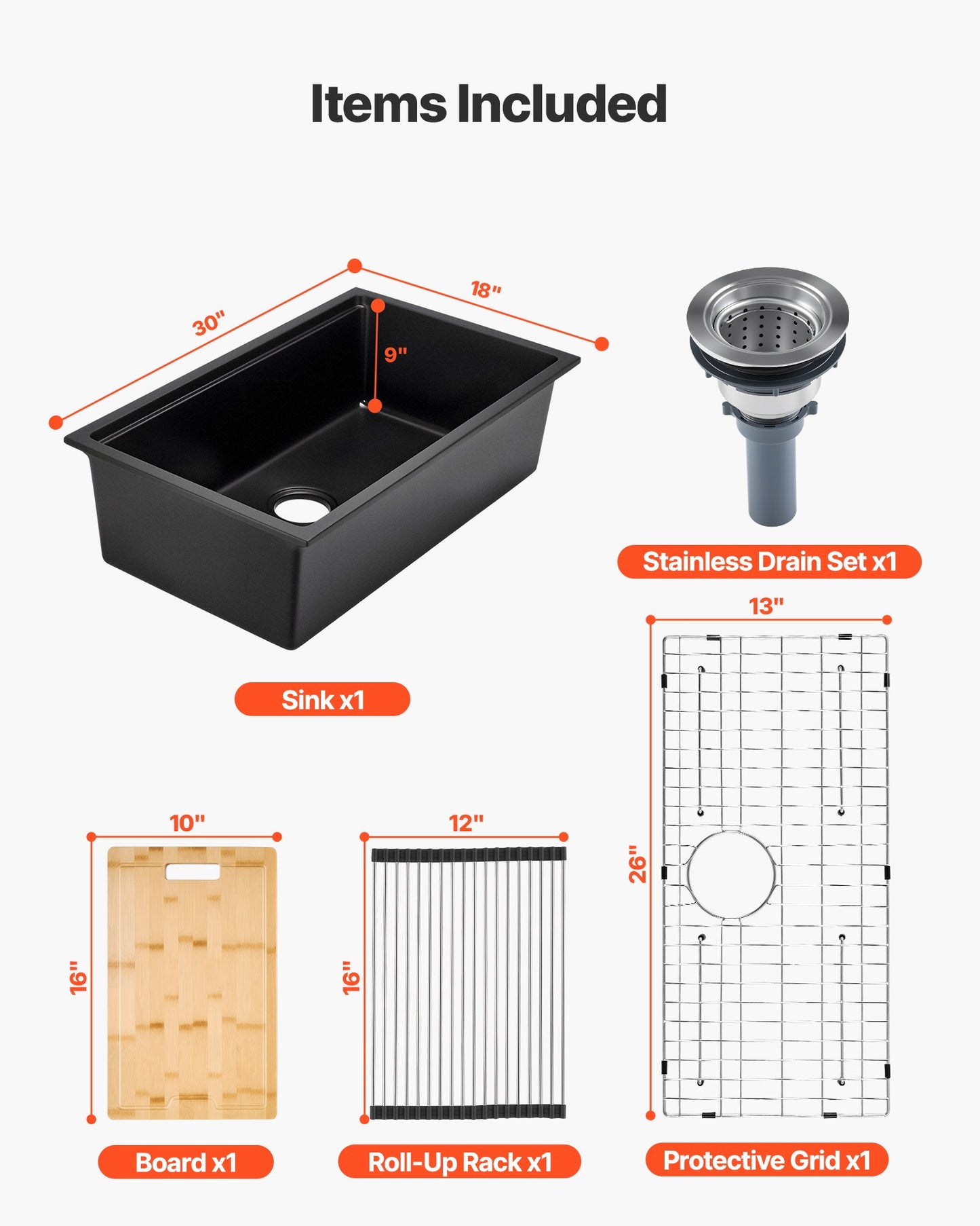 30 Inch Granite Kitchen Sink Undermount Single Bowl Drop-In Basin For RV Bar