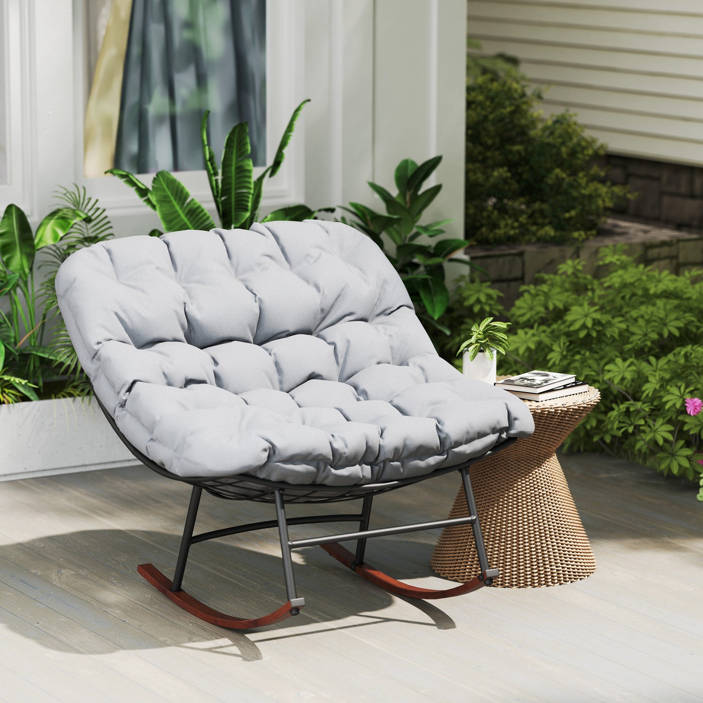 Outdoor Rocking Chair Patio Set of 2, Oversized Rocking Papasan Chairs with Cushions for Garden Porch, 265 lbs., Gray