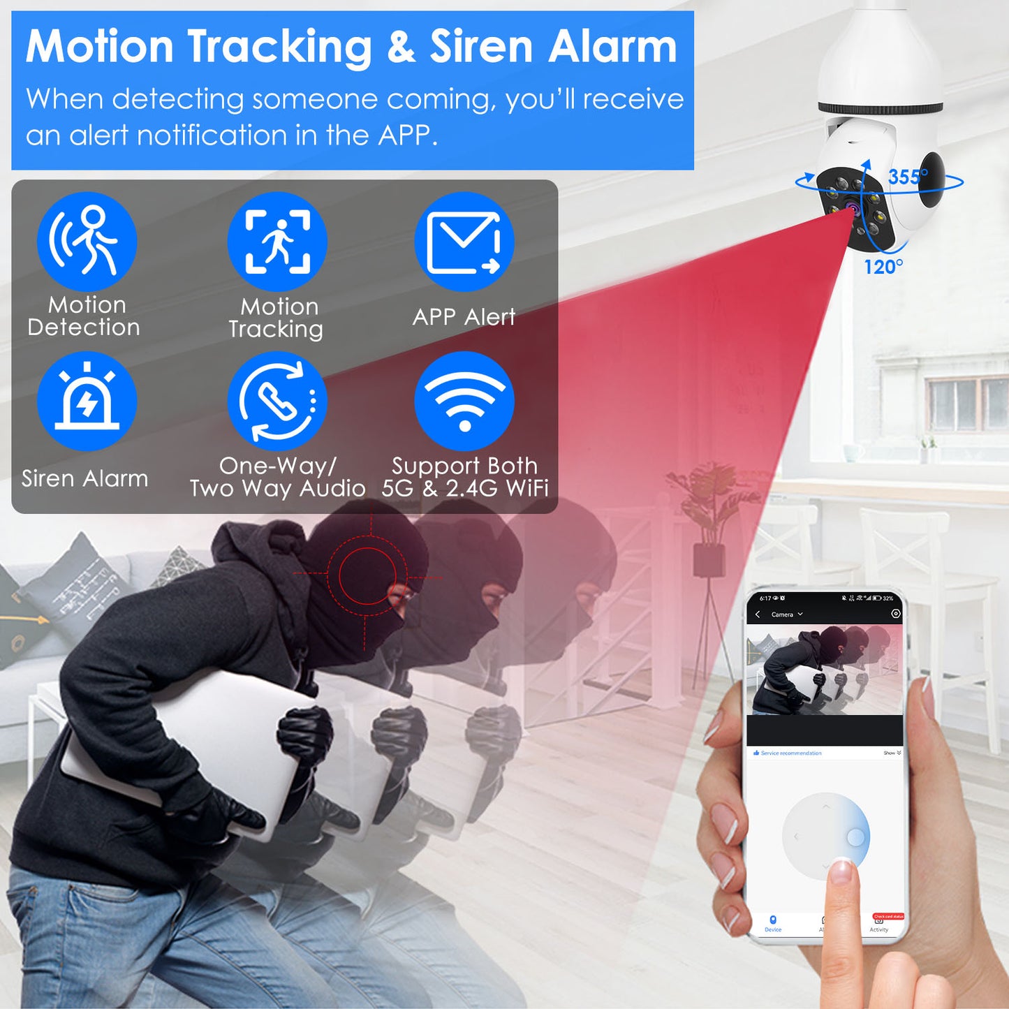1Pc E27 WiFi Bulb Camera 1080P FHD WiFi IP Pan Tilt Security Surveillance Camera With Two-Way Audio Full Color Night Vision Flood Light Motion Tracking Siren Function APP Control