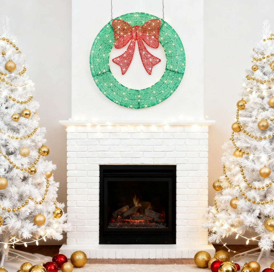 Christmas Wreath Decoration, LED Metal Holiday Decoration In Green Yellow