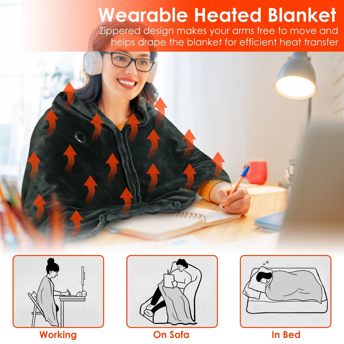 1Pc  59x31in USB Heated Blanket Electric Heated Blanket Heated Poncho Shawl Wrap Throw With Zipper Washable For Home Office