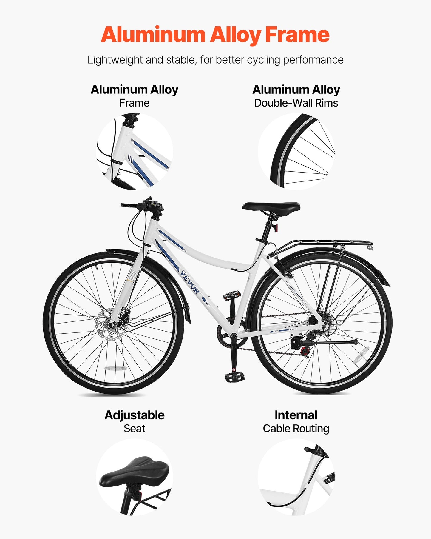 Hybrid Bike, Lightweight Aluminum Frame Bike, 700c Wheel Men And Women Hybrid Bicycle, Step-Through Adult Urban City Commuter Bikes With 7-Speed Shimano Drivetrain, Dual Brake, Adjustable Seat