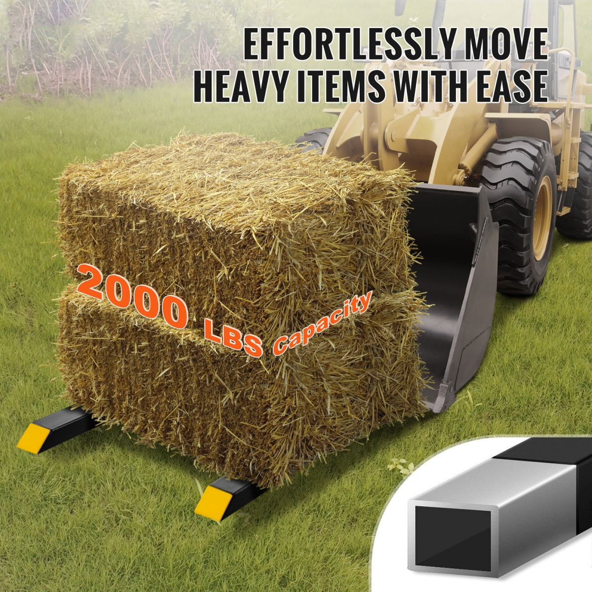 Pallet Forks, 2000 Lbs Tractor Bucket Forks,  Total Length Clamp On Pallet Forks With Adjustable Stabilizer Bar, Heavy Duty Pallet Forks For Tractor Attachments, Skid Steer, Loader Bucket