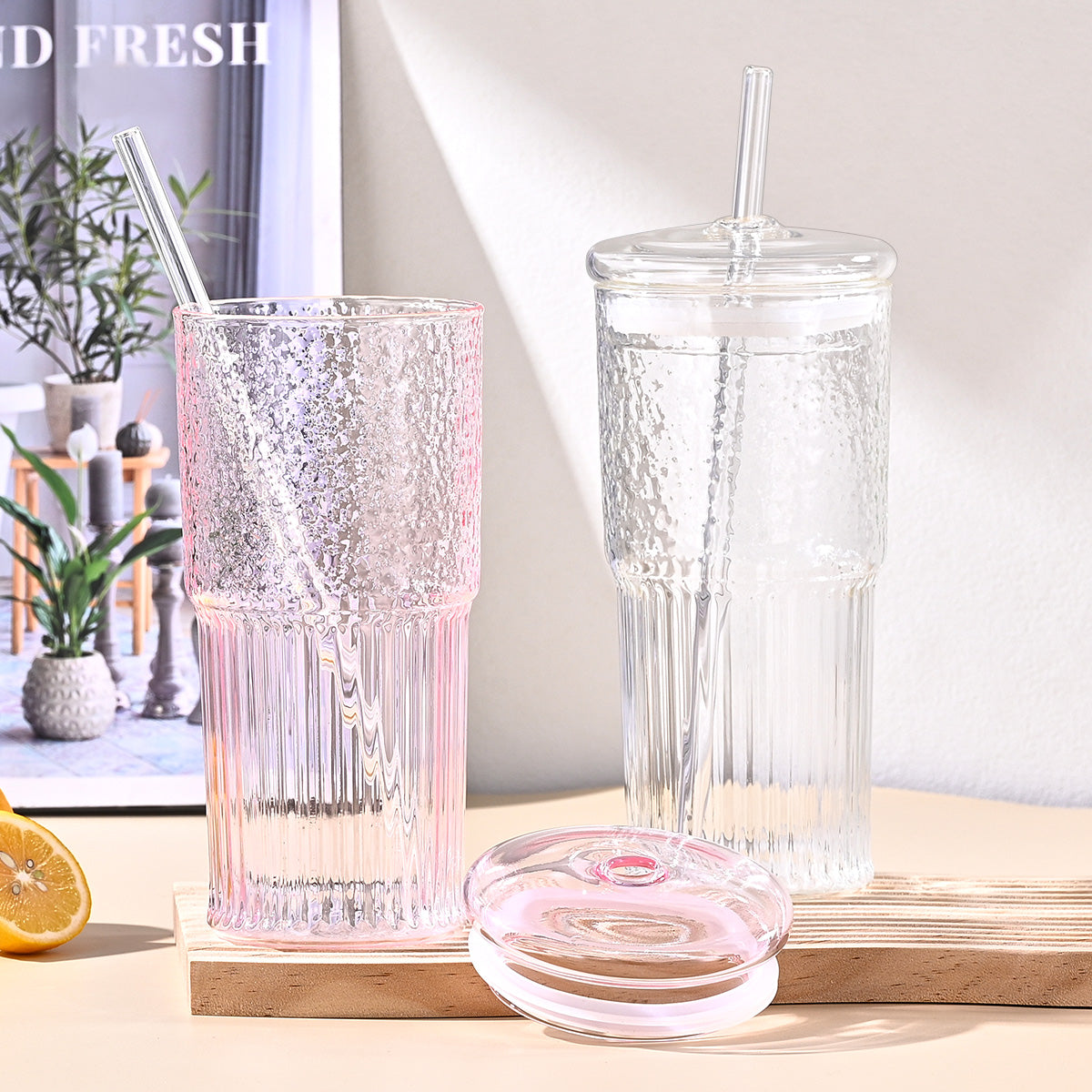 20 Oz 2-pack Green Glass Straw Cup With Vertical Pattern Cup And Lid, High Borosilicate Heat-resistant Glass Cup For Juice, Milk And Cold Drinks
