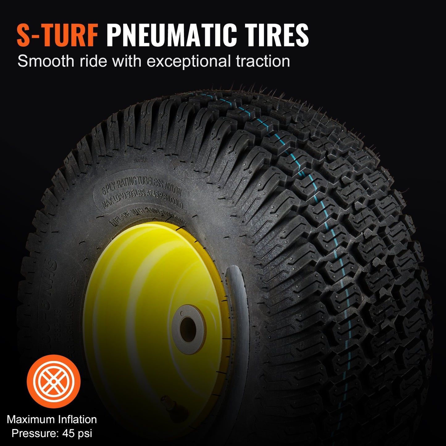 Lawn Mower Tires With Rim, 15x6-6' Tubeless Tractor Tires, 2-Pack Tire And Wheel Assembly, S-Turf Pneumatic Tires, 3' Offset Hub, 3'4' Bushing Size, 16 PCS Adapters For Riding Mower Lawn Tractor
