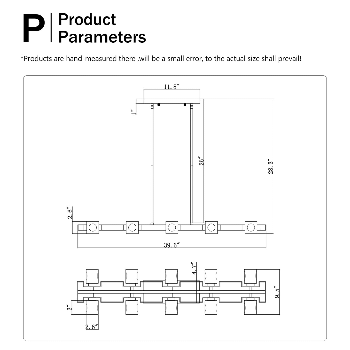 Rectangle Chandelier For Dining Room, 10-Light Black Farmhouse Linear Pendant Light Fixture, Modern Crystal Hanging Lighting Chandelier For Lobby, Kitchen, Bedroom, Living Room, Conference Room, Home