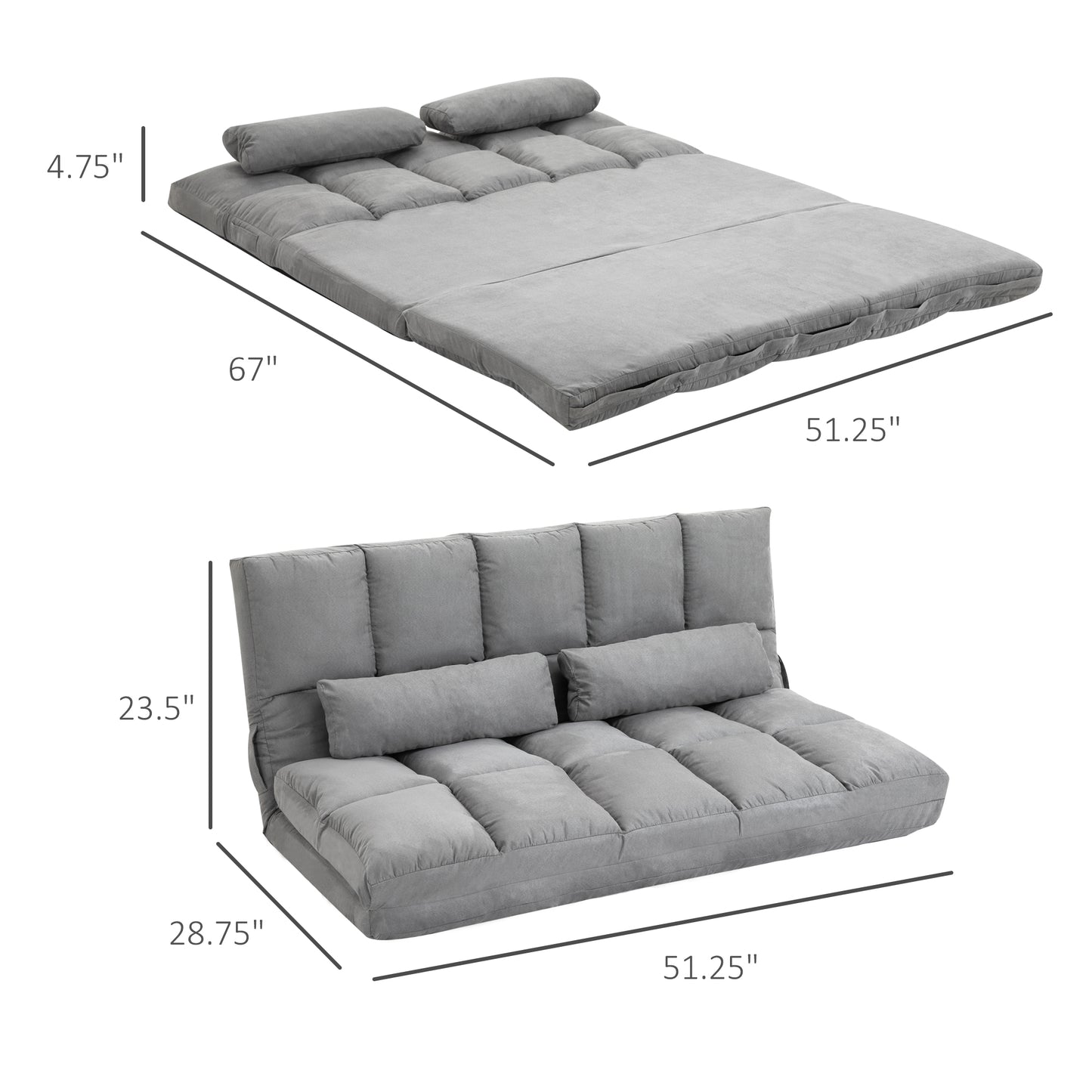 Convertible Floor Sofa Chair, Folding Couch Bed, Guest Chaise Lounge with 2 Pillows, Adjustable Backrest and Headrest, 51.25" L, Light Gray