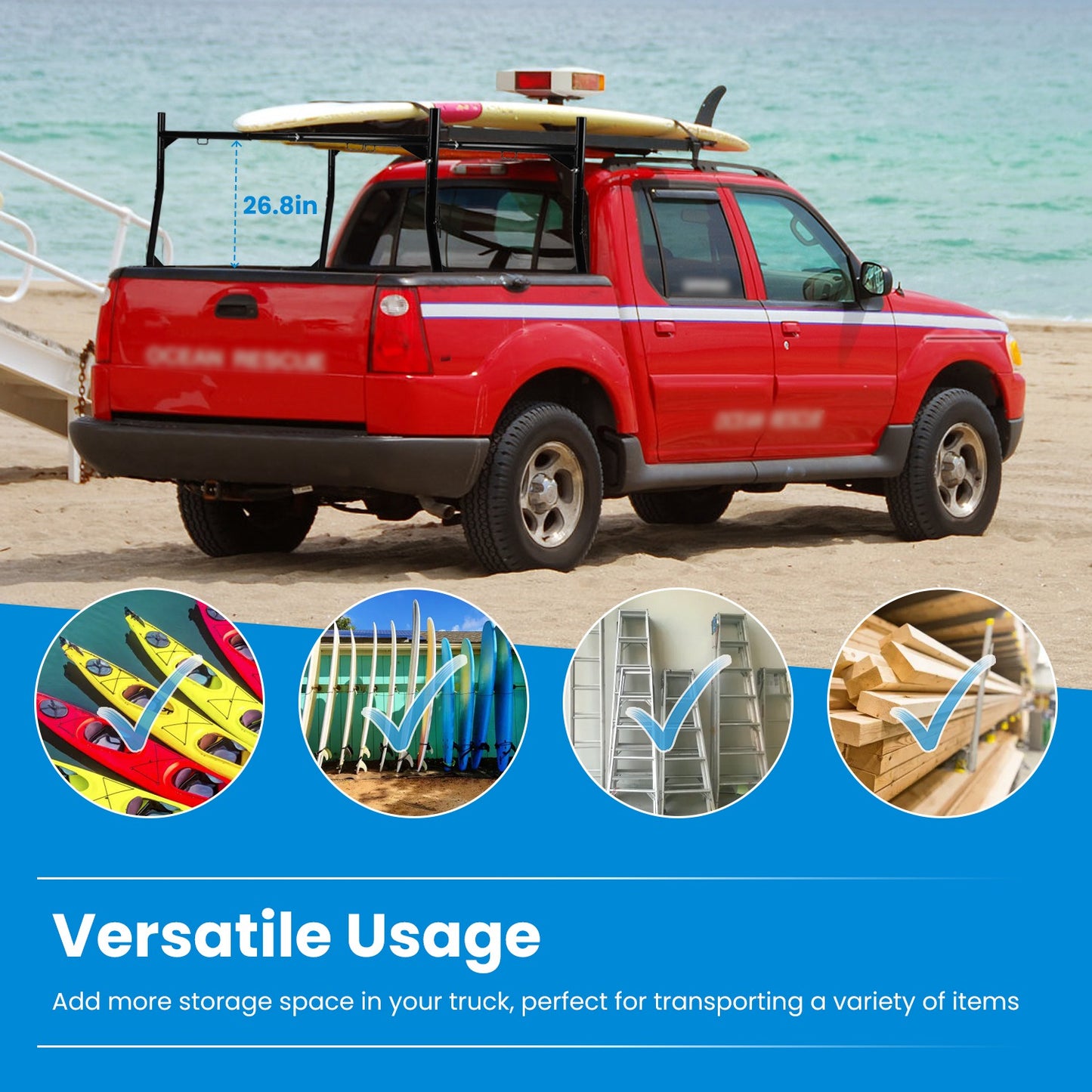 1Pair Extendable Truck Ladder Rack Non-Drilling Pick-up Truck Bed Utility Rack Adjustable Steel Truck Rack With 800LBS Capacity For 47.2-72.8in Wide Truck Bed For Kayak Surfboard