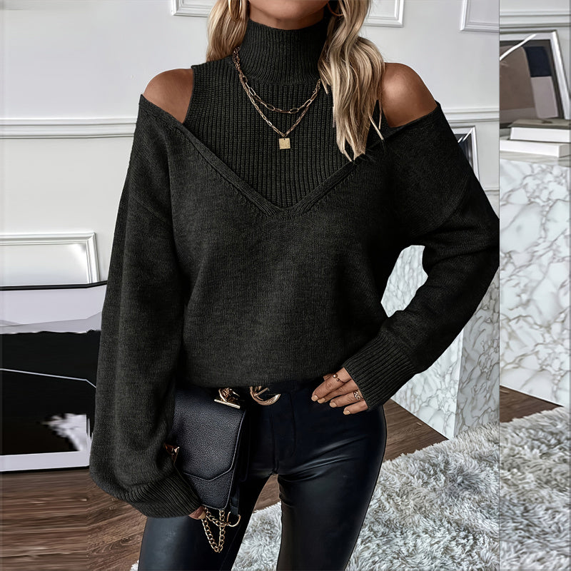 Women's Elegant Off-Shoulder Turtleneck Sweater, Solid Color Long Sleeve Knit Top For Autumn & Winter