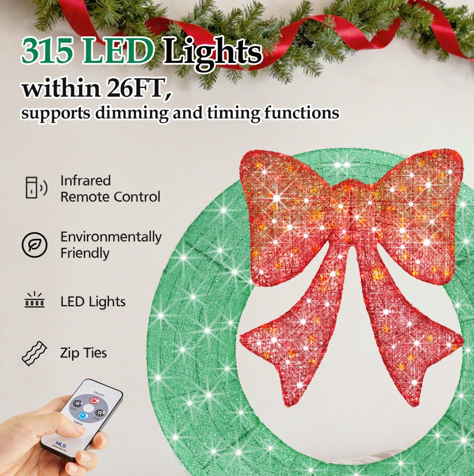 Christmas Wreath Decoration, LED Metal Holiday Decoration In Green Yellow