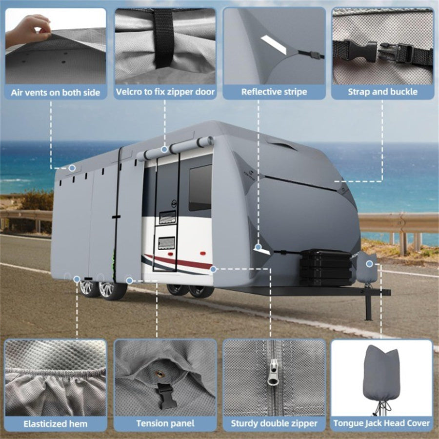 RV Cover, Upgraded 7 Layers Top Travel Trailer Cover, Waterproof Camper Cover For Toy Hauler With Tongue Jack Cover, Gutter Covers
