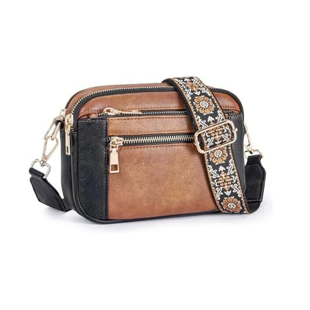 Triple-zipper Shoulder Bag With Floral Embroidered Straps Fashion Colorblock Multi-functional Crossbody Bags For Women