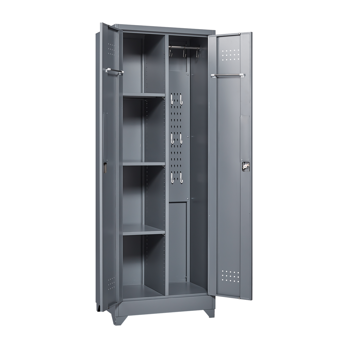 Broom Storage Cabinet With Locking Doors And Shelves, 65  H Metal Storage Cabinet With Hanging Rod & S-Hooks, Cleaning Tool Storage Cabinet Grey