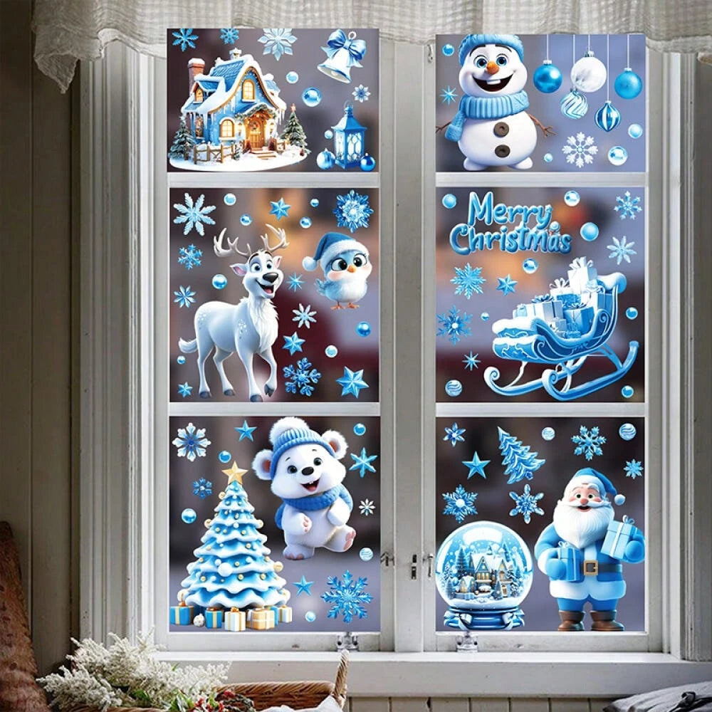 9 Sheets Christmas Window Stickers Blue Gnome Double-Sided Printed Xmas Self-Adhesive Window Sticker PVC Snowflakes Window Sticker For Christmas Home Window Indoor Garden Decoration