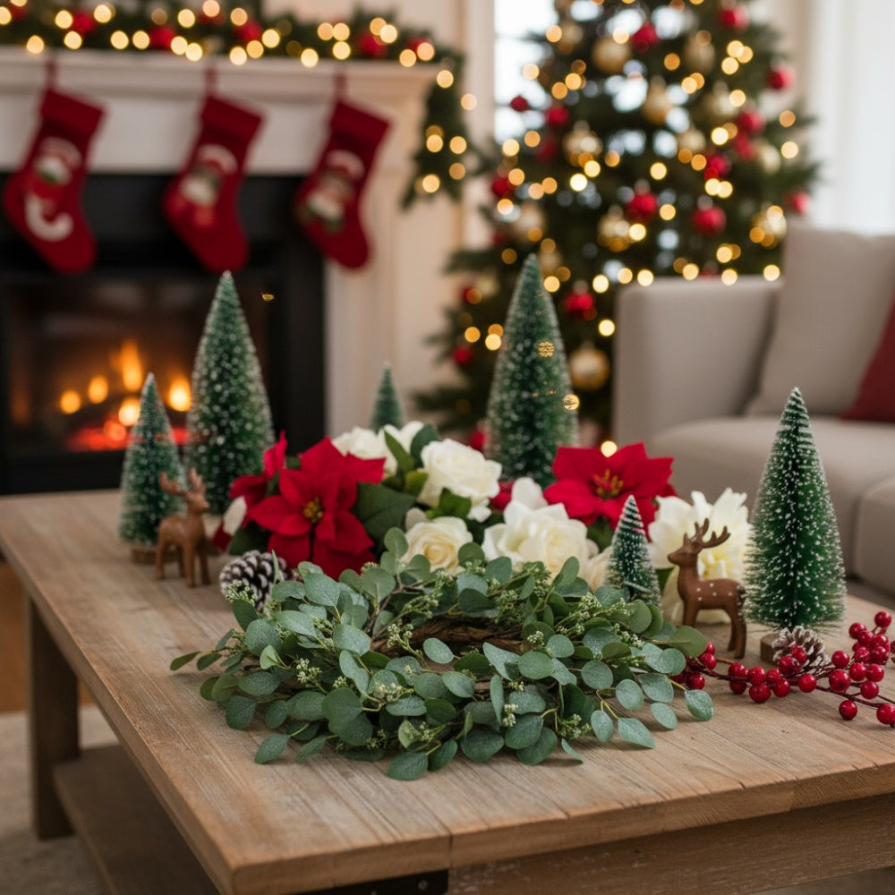 23.6in Christmas Eucalyptus Wreath Nartural Green Door Wreath, Fake Leaf Garland For Home Wedding Front Door Decor