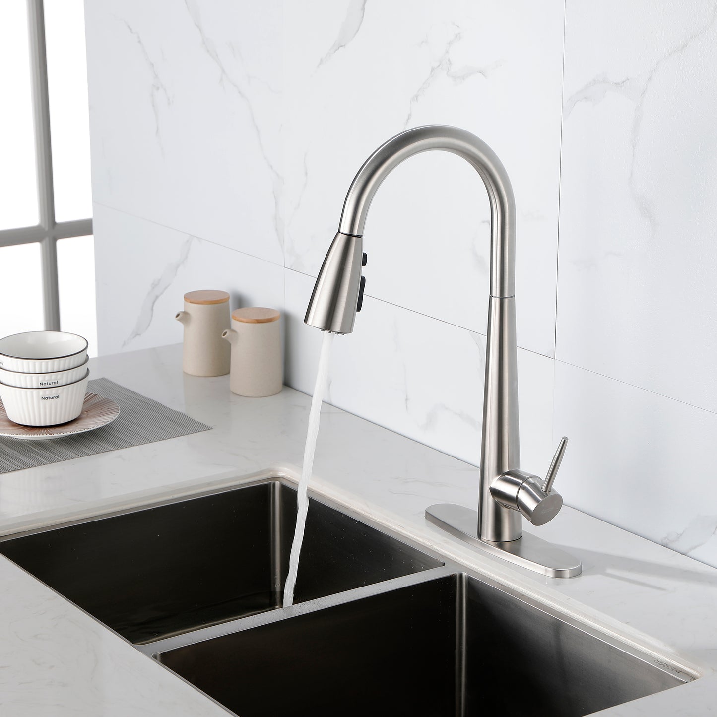 High Curvature Single Handle Kitchen Sink Faucet With Deck, Commercial Modern Stainless Steel Kitchen Faucet