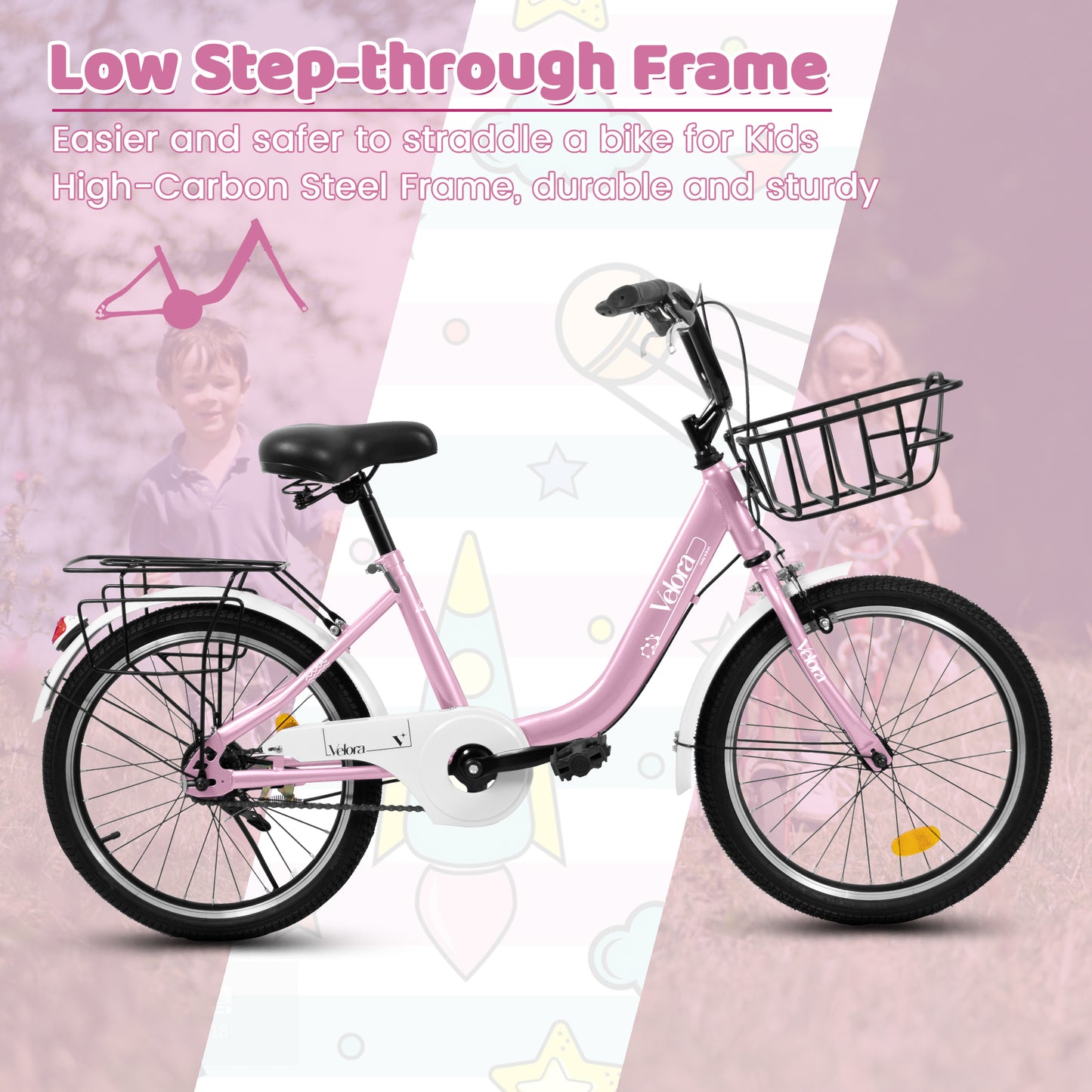 A20182 20 Inch Kids Bike For Boys & Girls, Children's Bicycle With Coaster Brake & V-Brake, 1-Speed, Chain Guard & Rear Rack, Lightweight Steel Frame Pink, Green, Purple, White