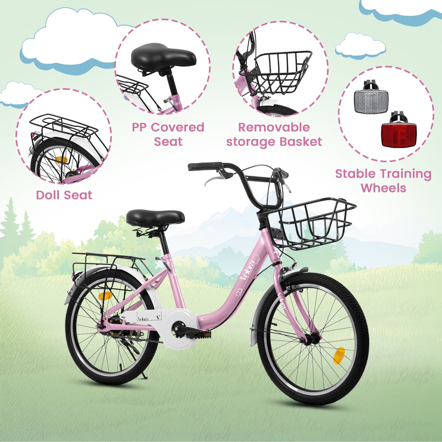 A20182 20 Inch Kids Bike For Boys & Girls, Children's Bicycle With Coaster Brake & V-Brake, 1-Speed, Chain Guard & Rear Rack, Lightweight Steel Frame Pink, Green, Purple, White