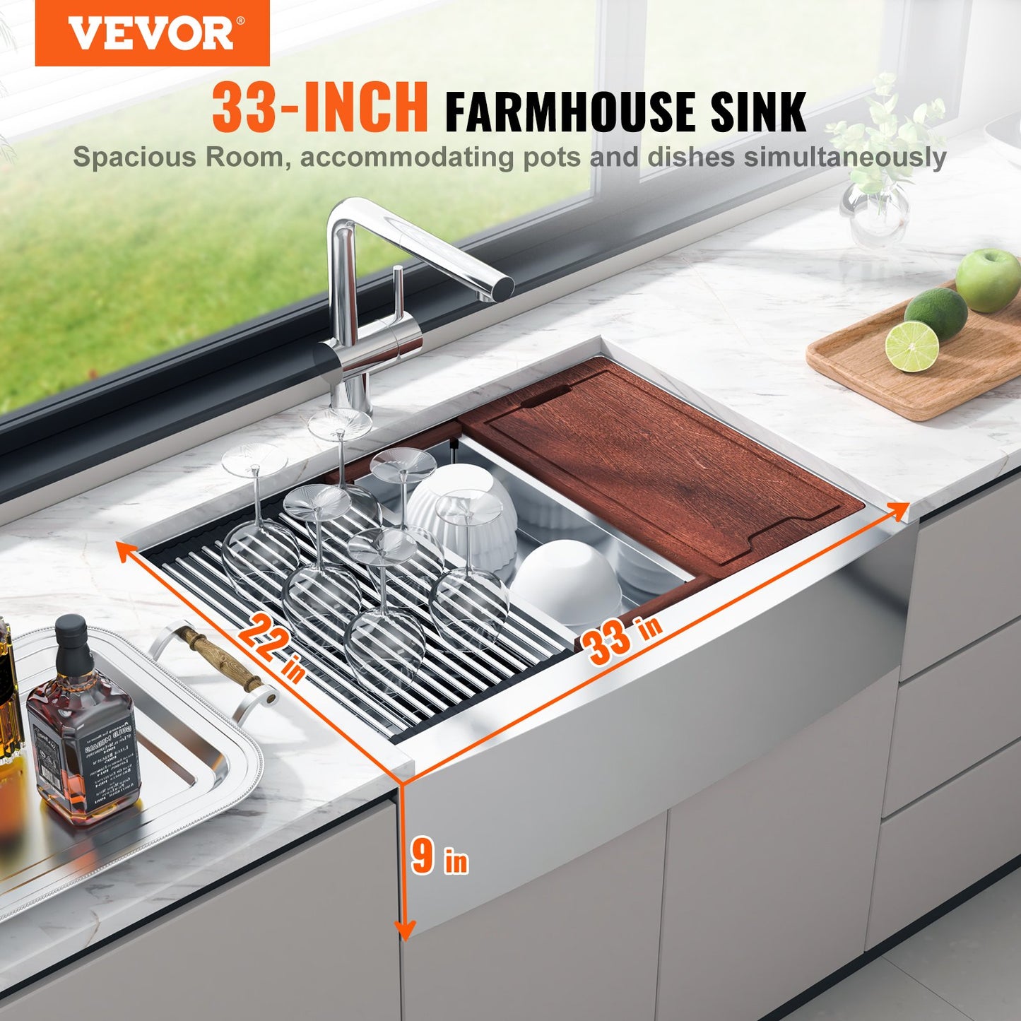 Farmhouse Kitchen Sink, 304 Stainless Steel Drop-In Sinks, Single Bowl Basin With Ledge & Accessories, Household Dishwasher Sinks For Workstation, Prep Kitchen, And Bar Sink, 33 Inch