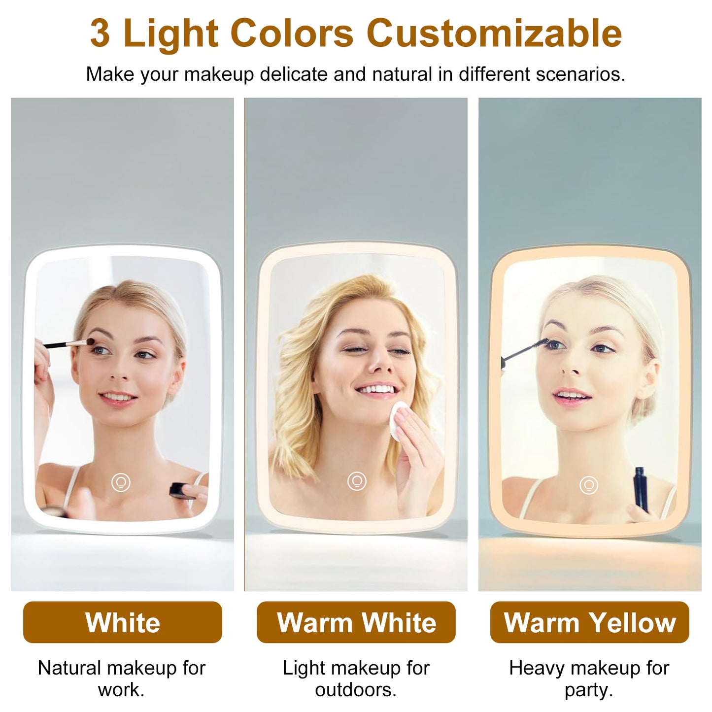 1Pc 5.98x8.62in Lighted Makeup Mirror Vanity Desk Mirror Small LED Mirror With 3 Light Colors Touch Screen Brightness Adjustable USB Rechargeable
