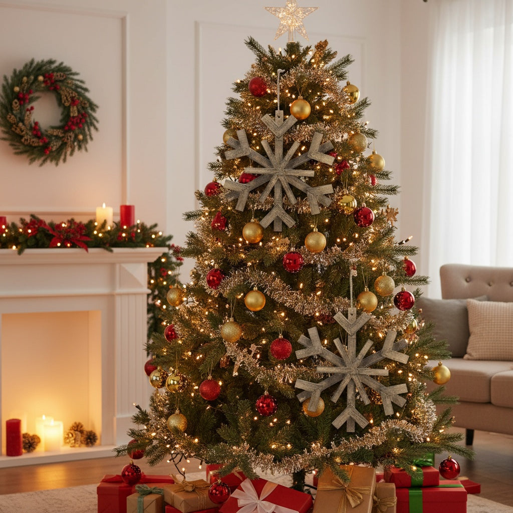 2PCS Set 17.7in Large Wood Christmas Snowflake Ornaments Rustic Tree & Wall Decor Holiday Home Display