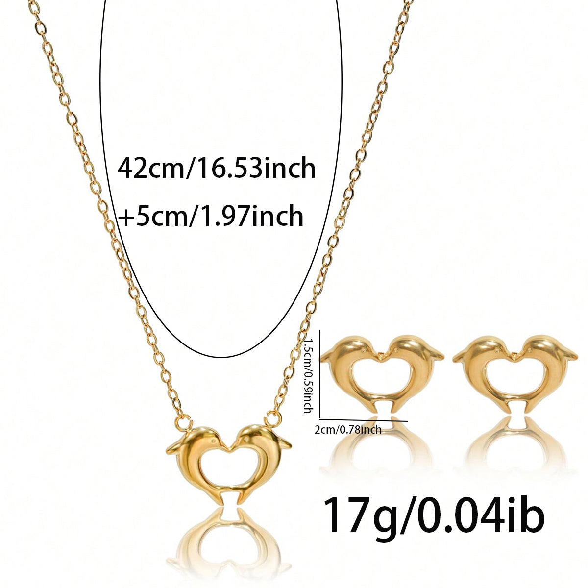 Lxalry 18K Gold P lated Stainless Steel Dolphin Heart Necklace & Earrings Set - Elegant Gift Jewelry, Waterproof & Hypoallergenic, Ideal For Birthday, Anniversary, Valentine's Day & Daily Wear