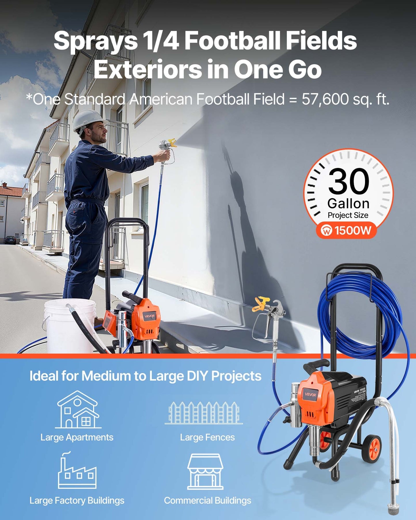 Stand Airless Paint Sprayer, 1500W, 3300PSI High Pressure Airless Sprayer With Cart, Cleaning Brush, Hose, Extension Rod, Nozzles, Electric Spray Paint Machine For Large Apartments, Buildings